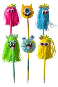 Colorful monster pens with googly eyes and hair