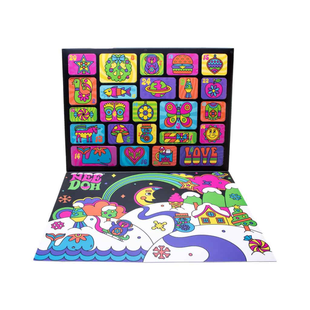 Colorful advent calendar with playful designs.