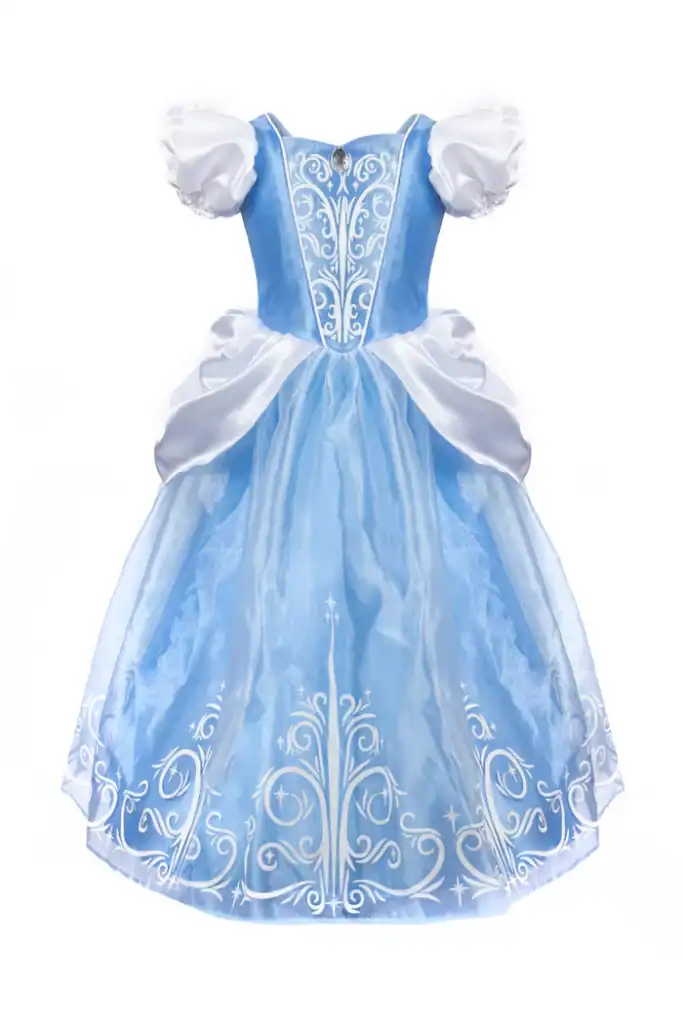 Blue and white princess dress with intricate patterns.
