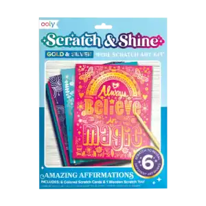 Scratch art kit with colorful cards and tool.