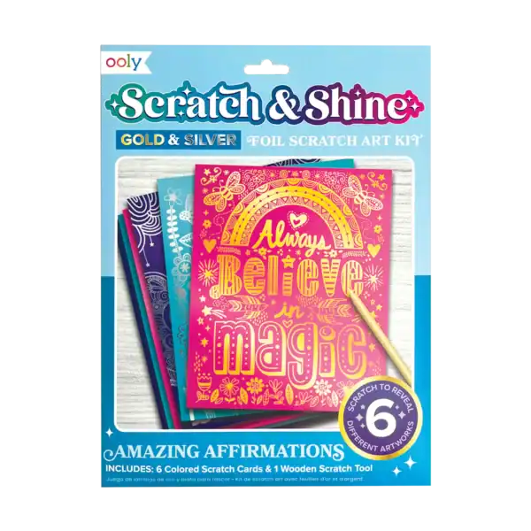 Scratch art kit with colorful cards and tool.