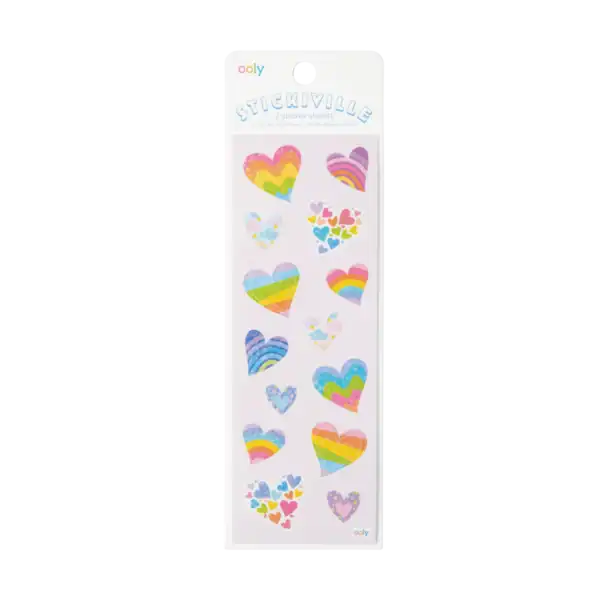 Colorful heart-shaped stickers on a sheet