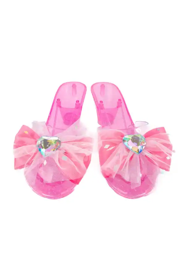 Pink children's dress-up shoes with sparkly bows.
