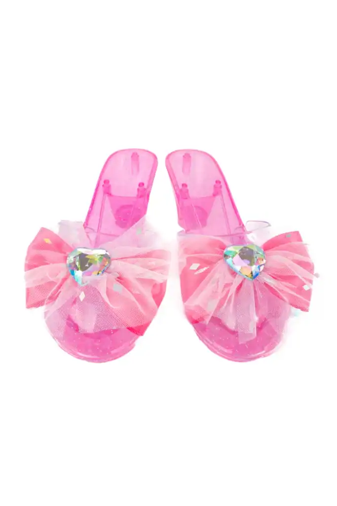 Pink children's dress-up shoes with sparkly bows.