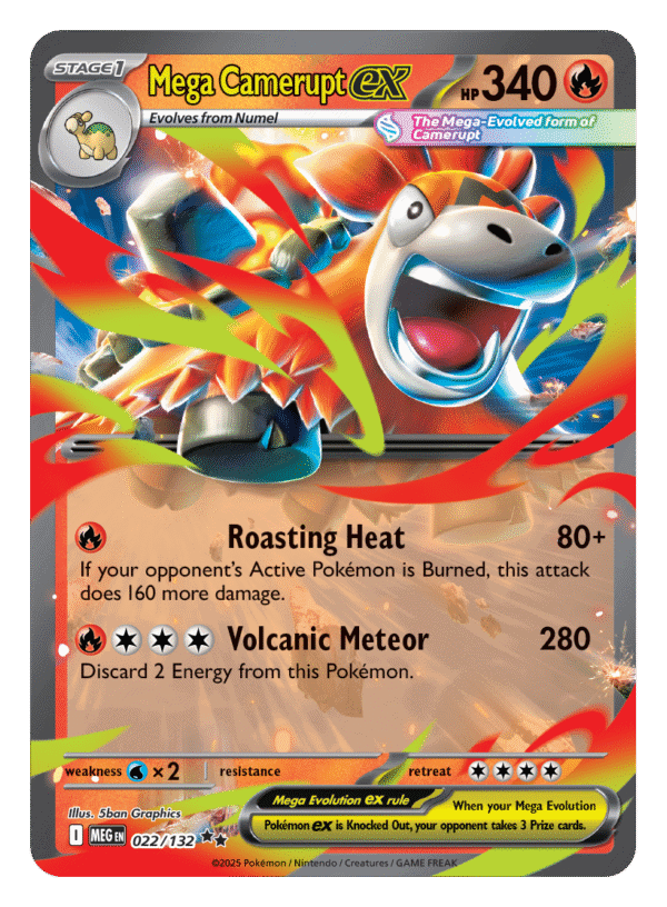 Mega Camerupt EX Pokémon card with fiery design.