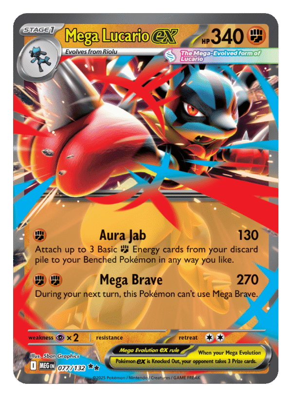 Mega Lucario EX Pokémon card with attacks.