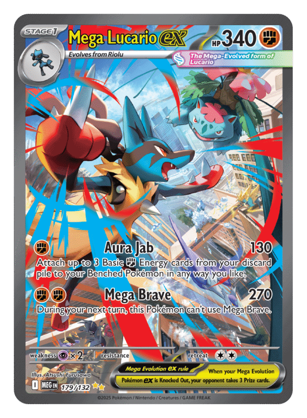 Mega Lucario EX Pokémon card with stats and abilities.