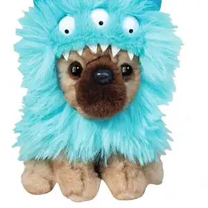 Plush toy dog in blue monster costume.