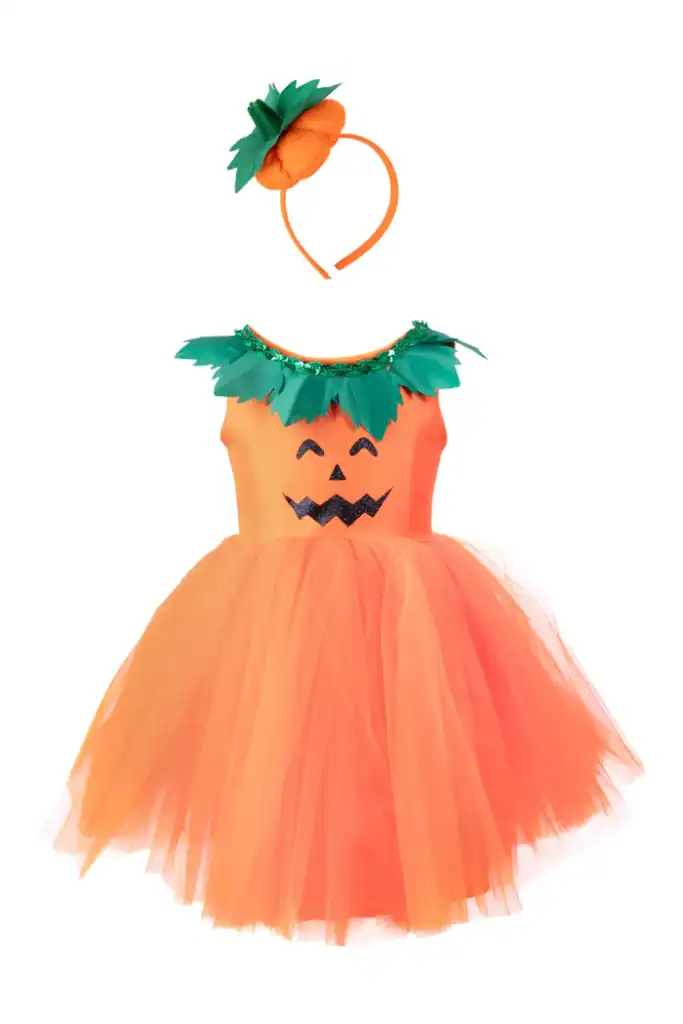 Pumpkin-themed orange dress with matching headband.