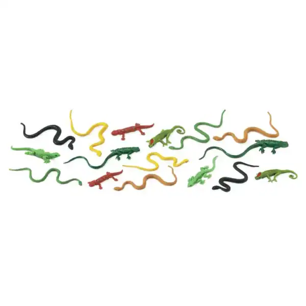 Colorful toy snakes and reptiles on white background.