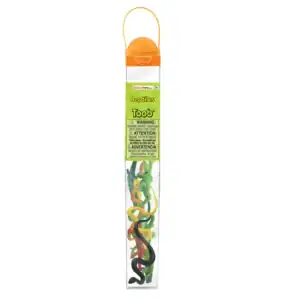 Tube of toy reptiles with warning label.