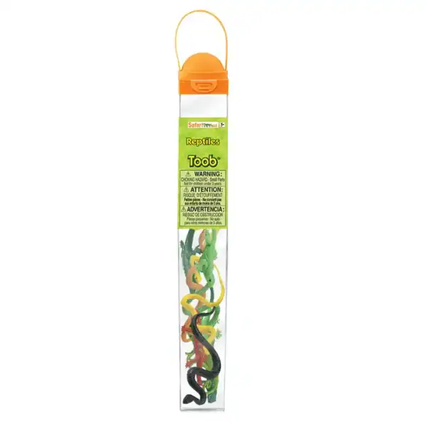 Tube of toy reptiles with warning label.