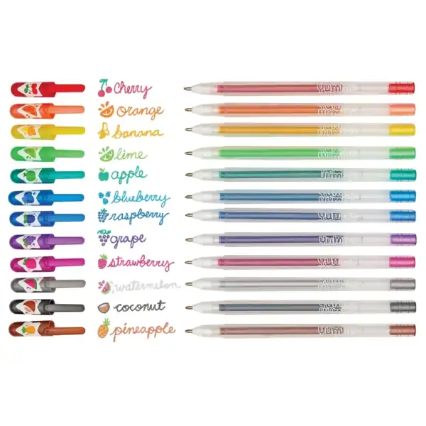 Colorful scented gel pens with fruit-themed names