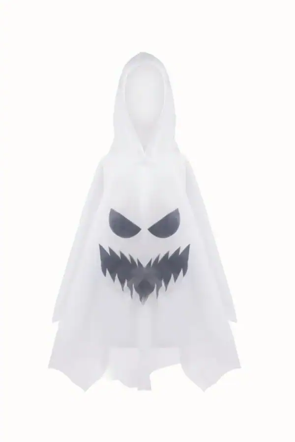 White ghost poncho with spooky face design