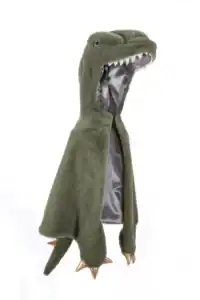 Green dinosaur costume with gold claws for kids.