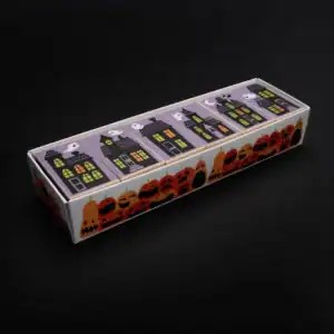 Halloween-themed box with ghosts and pumpkins design.