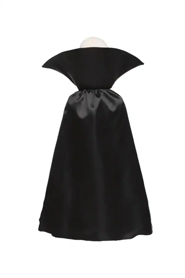 Elegant black satin evening gown with high collar.