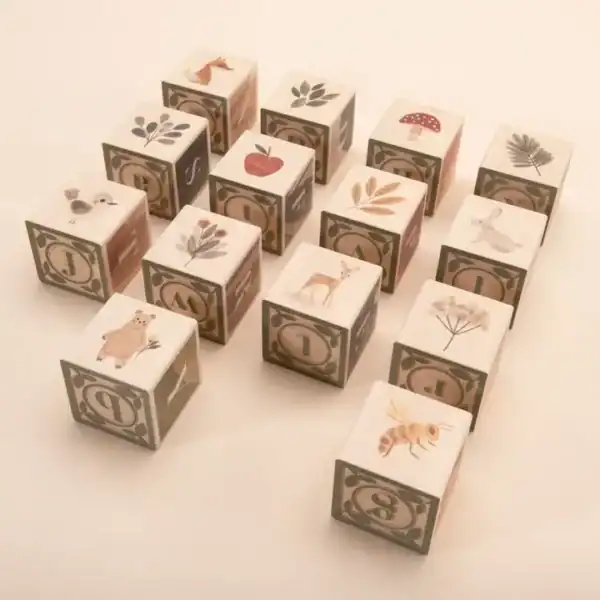 Wooden alphabet blocks with animals and plants.