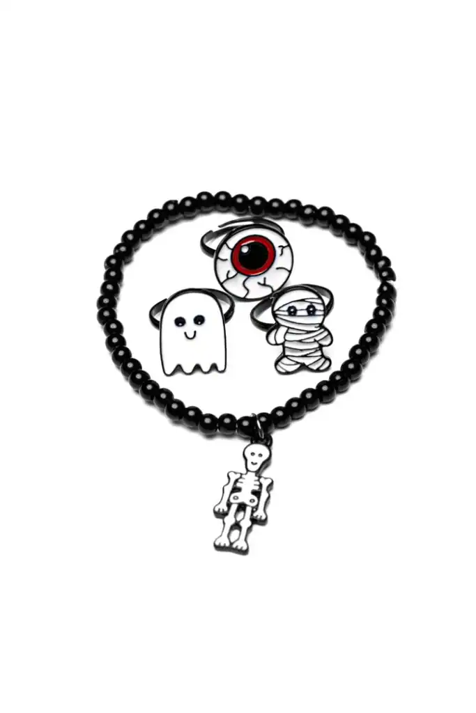 Halloween jewelry set with ghost, mummy, eyeball design.