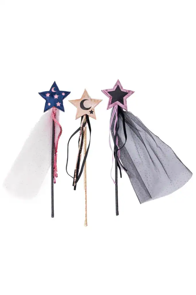 Three decorative star wands with ribbons and fabric.