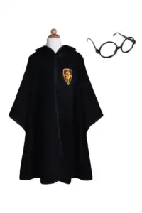 Black wizard cloak and round glasses costume.