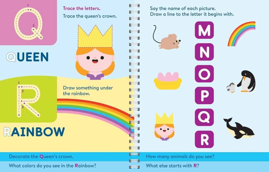 Alphabet activity with queen, rainbow, and animals.
