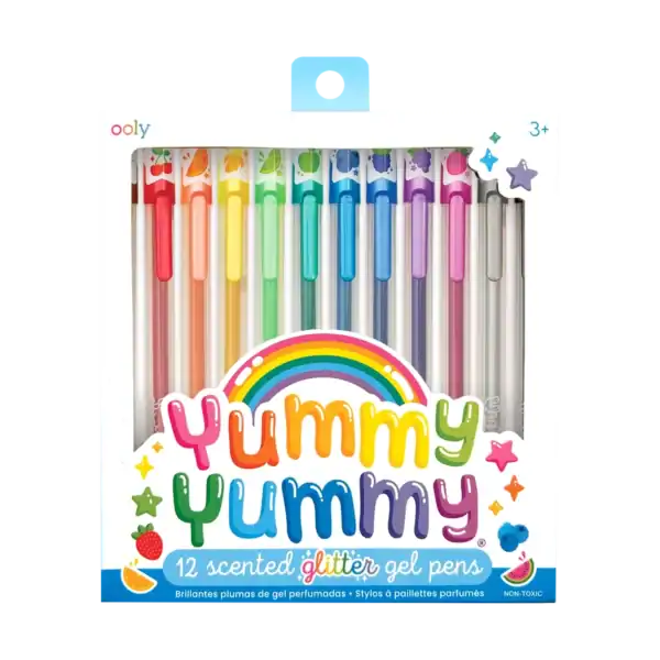 Colorful scented glitter gel pens in packaging