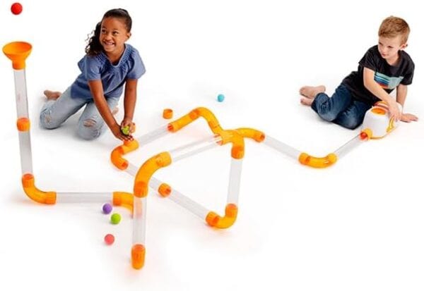 Kids playing with orange ball track toy.