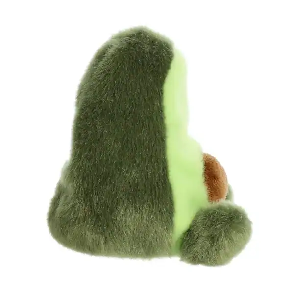 Side view of green plush avocado toy.