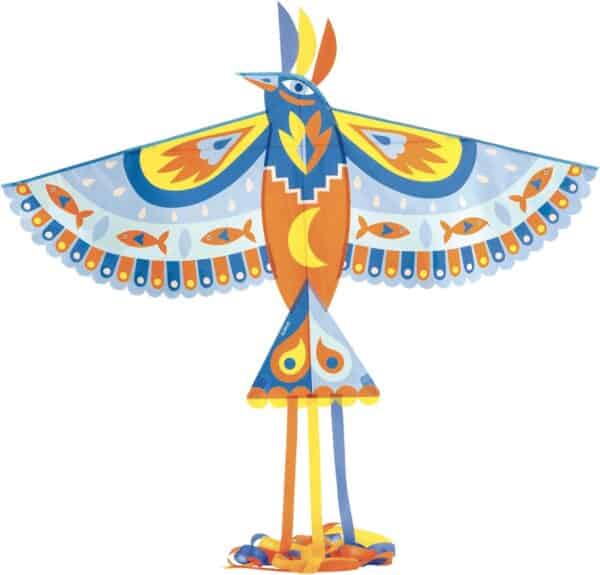 Colorful bird-shaped kite with patterns.