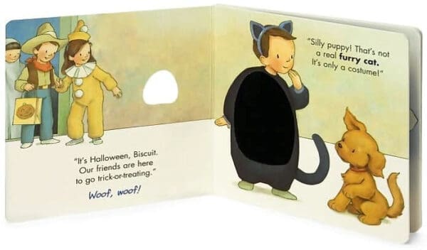 Children's book page with Halloween costumes.