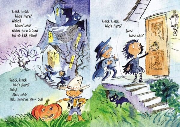 Children trick-or-treating at a haunted house.
