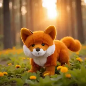 Stuffed fox toy in sunlit forest