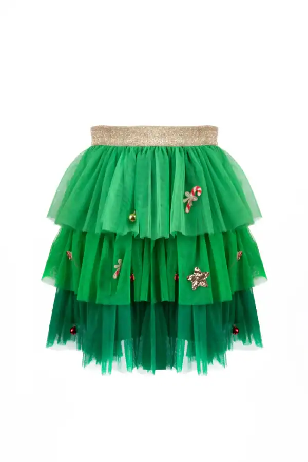 Green Christmas tutu skirt with festive decorations.