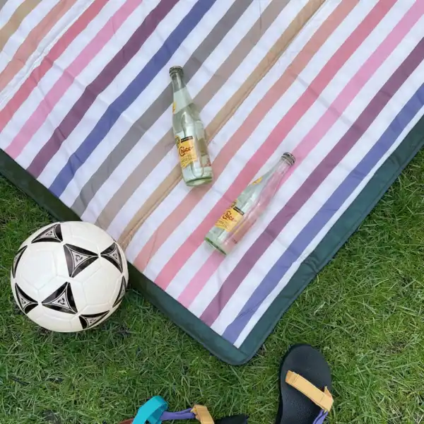 Striped picnic blanket with drinks and soccer ball.