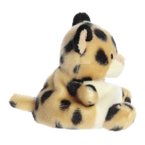 Side view of spotted leopard plush toy.
