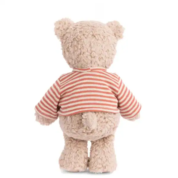 Plush bear with striped sweater from behind.