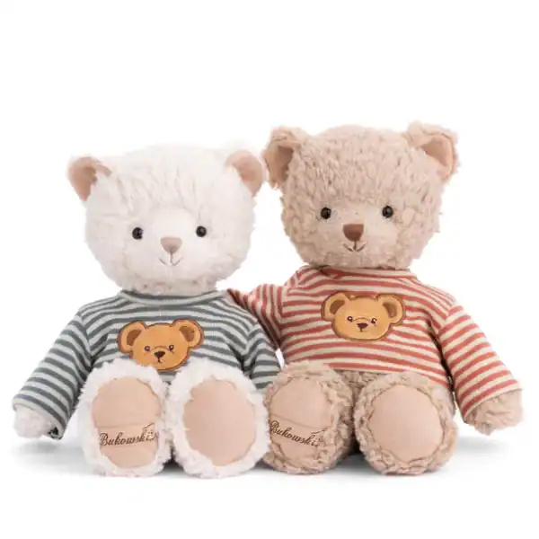Two teddy bears in striped shirts sitting together.
