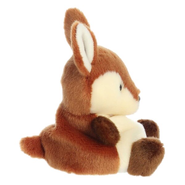 Brown plush deer toy sitting on white background.