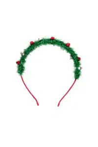 Festive headband with green tinsel and bells.