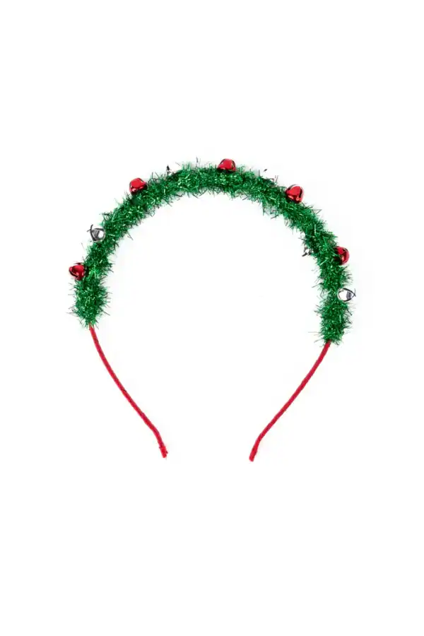 Festive headband with green tinsel and bells.