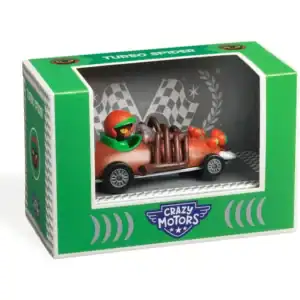 Toy race car in green box packaging.