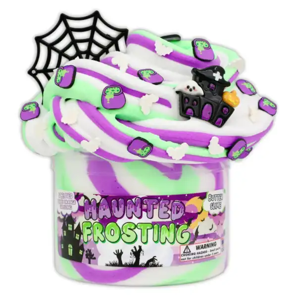 Halloween-themed slime with haunted decorations.