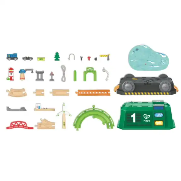 Colorful toy train set components for creative play.