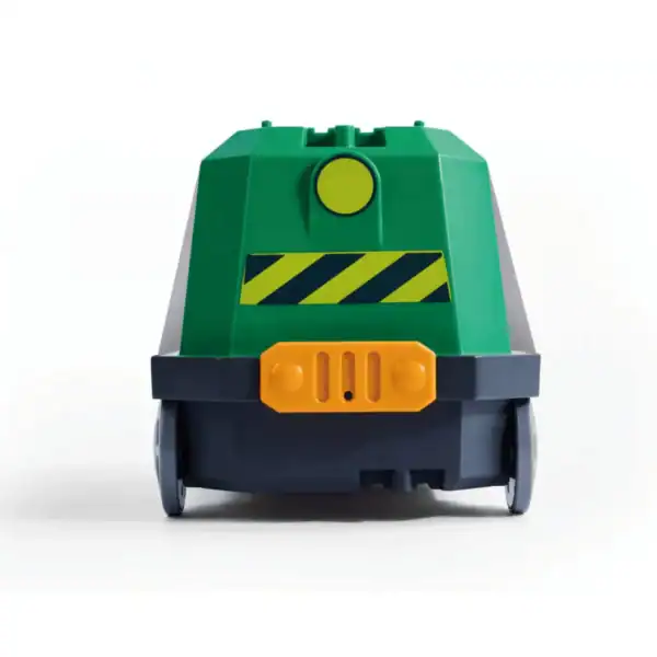 Green and yellow toy robot with wheels.