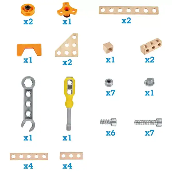 Assorted toy construction set pieces and components.