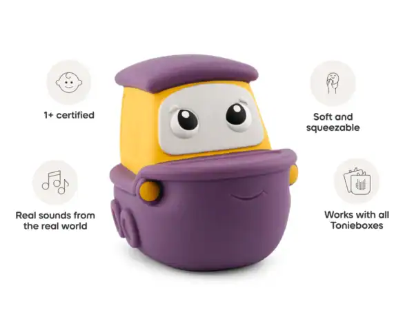 Purple toy vehicle for Tonieboxes, soft and squeezable.