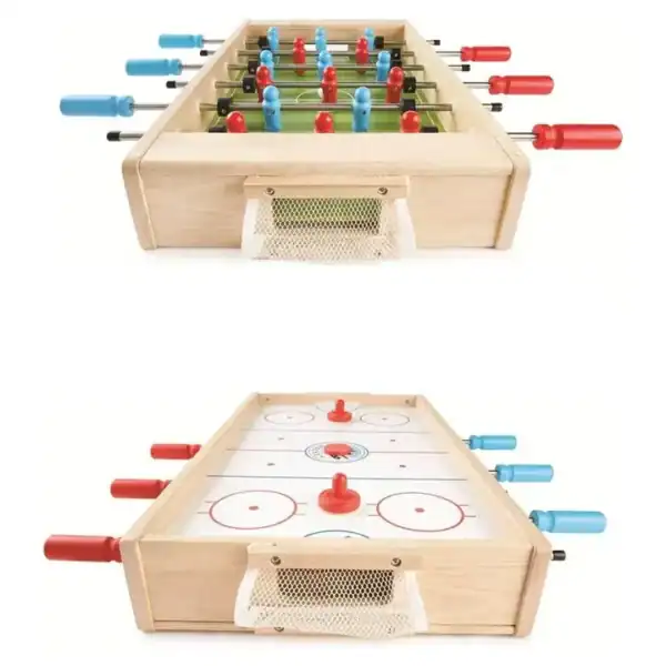 Combo foosball and hockey table with colored handles