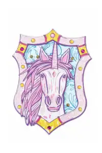 Shield with pink unicorn illustration and jewels