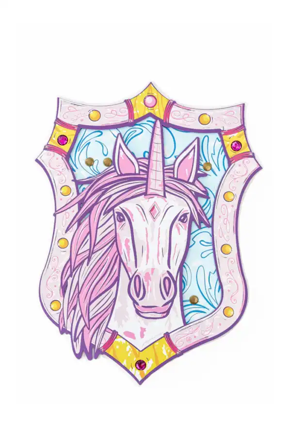 Shield with pink unicorn illustration and jewels